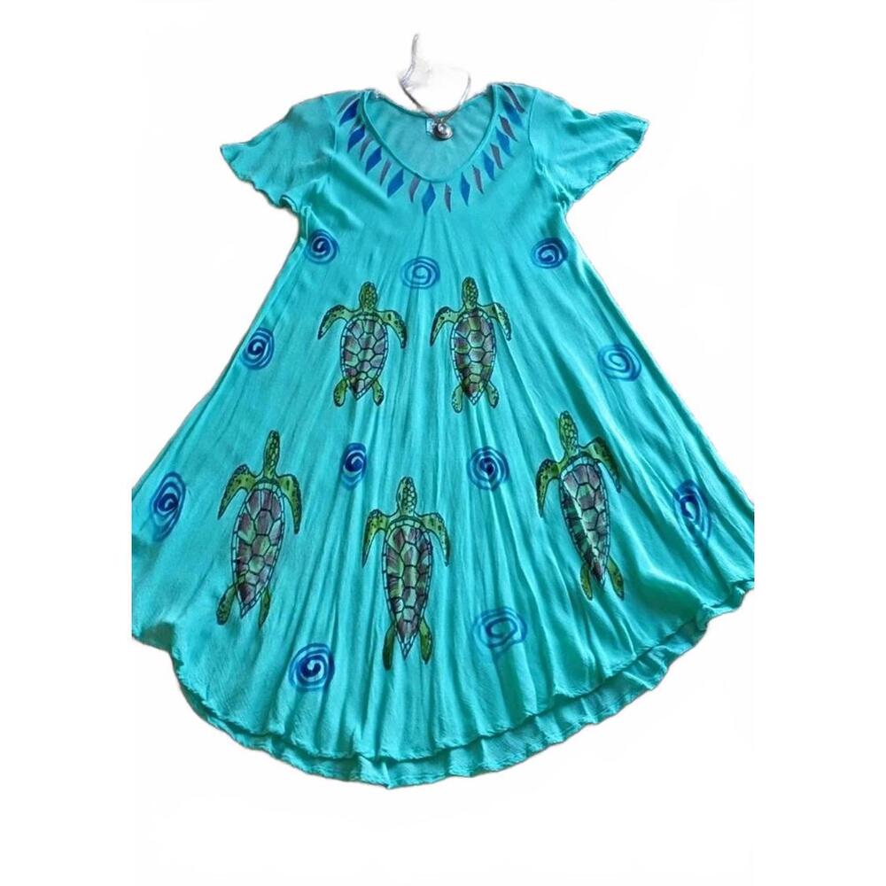women's Teal green sea turtles hand painted on a Bohemian style dress Gypsy
